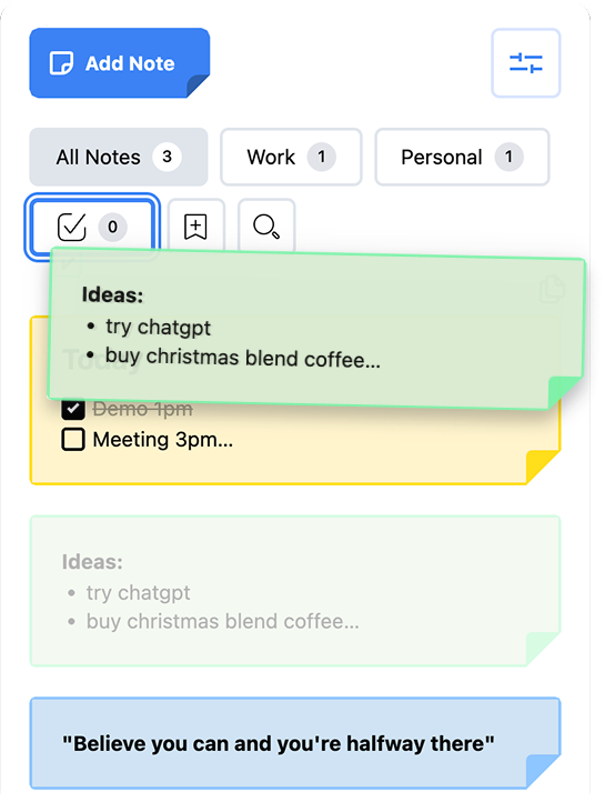 Sticky Notes App filtering and grouping preview