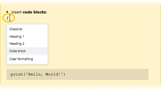 Image explaining how to insert a code block
